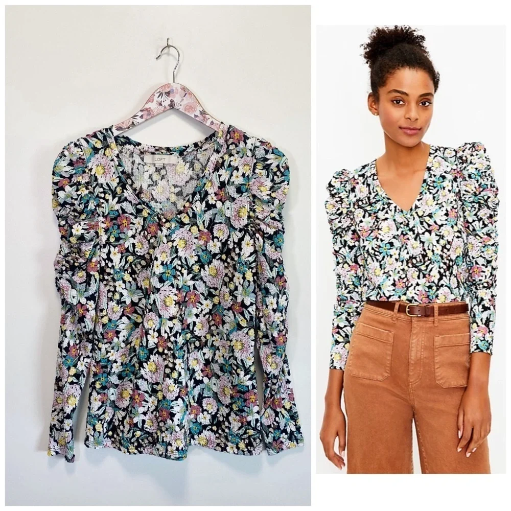 LOFT Floral Shirred Puff Sleeve Shirt! V-Neck Long Sleeve Size Small S
